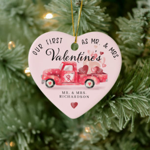 Första Valentine är som mr och mrs Red Watercolor Julgransprydnad Keramik