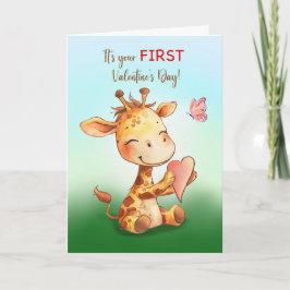 Första Valentines day Cute Lycklig Giraffe med hjä Kort
