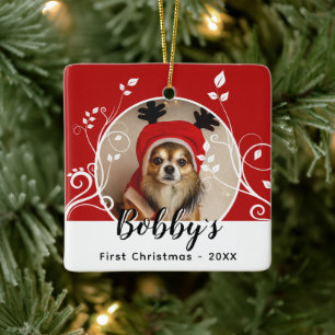 Första Valp Jul Foliage Hund Namn Foto Röd Julgransprydnad Keramik