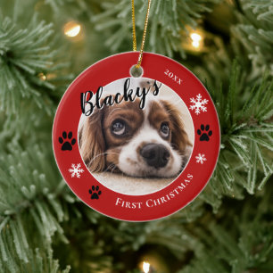 Första Valp Jul Rustik Hund Namn Foto Röd Julgransprydnad Keramik