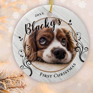 Första Valp Jul Trä Lövverk Hund Namn Foto Julgransprydnad Keramik