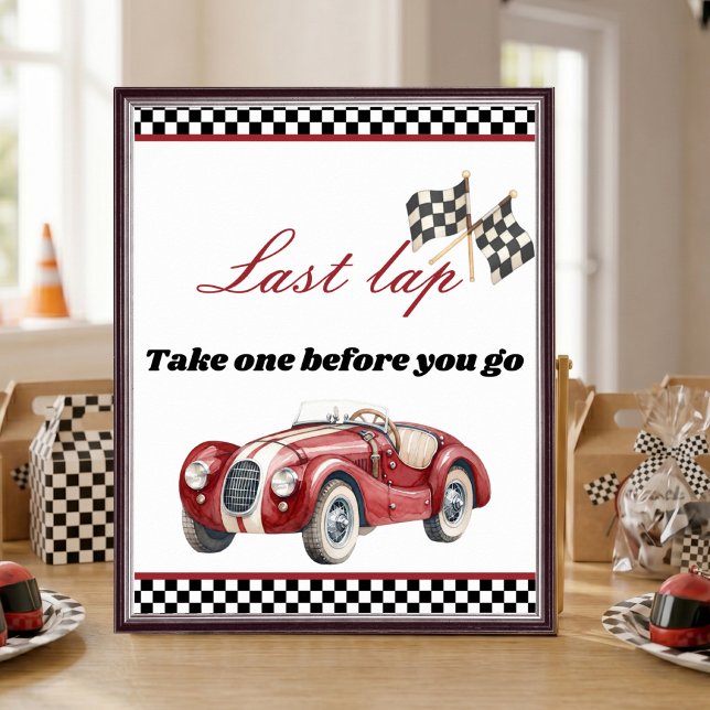 Första varvet runt banans favoritskylt poster (First Lap Around the Track Favor Table Sign)