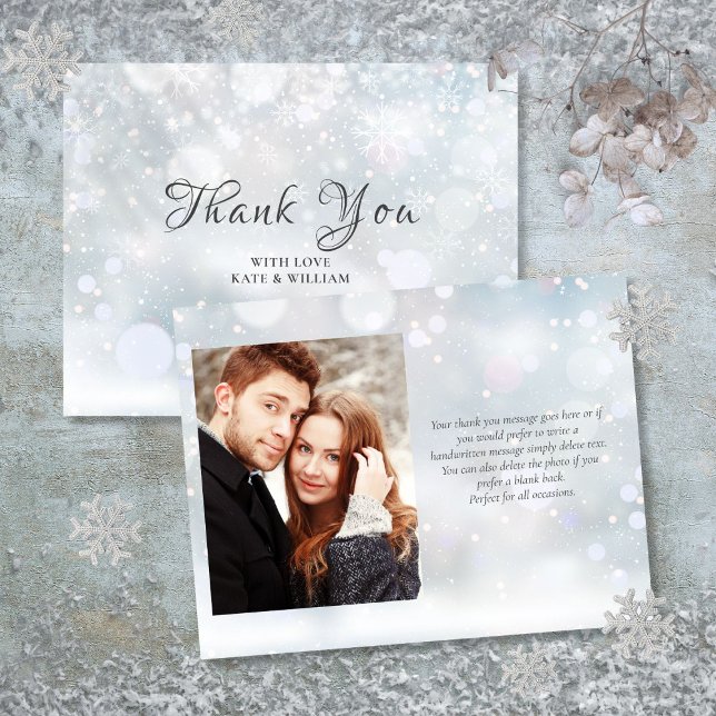 Första vinter snöflingor Elegant Skript Foto Tack Kort (First Winter Snowflakes Elegant Script Photo Thank You Card)