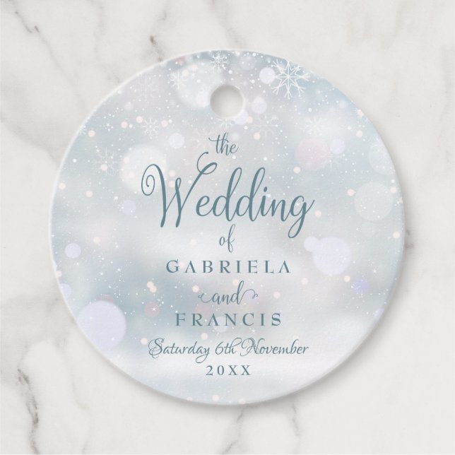 Första vinter snöflingor presentkort vid bröllop gåvor etiketter (Framsida)