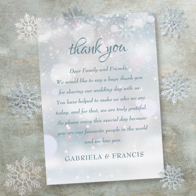 Första vintern Snöflingor Bröllop Tack Placeringskort (First Winter Snowflakes Wedding Thank You Place Card)