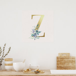 Första Z Golden and Blue Blommigt Monogram Poster