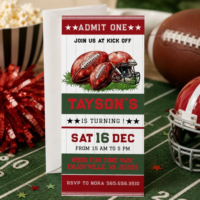 Förstaårs fotbollbiljett 1-års födelsedagsfest inbjudningar (First Year Down Football Ticket 1st Birthday Party Invitation)