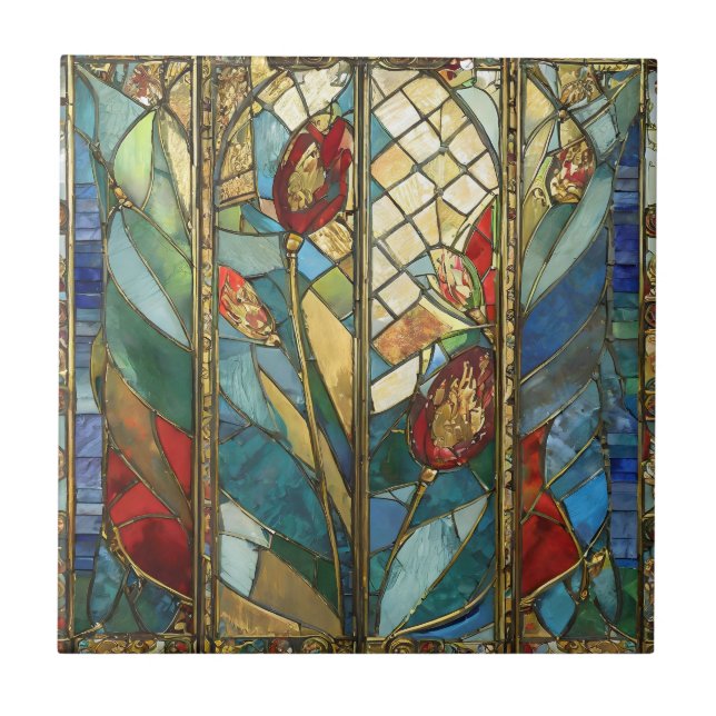 Förstärkta rödchefspoppies i soluppgång kakelplatta (Framsidan)