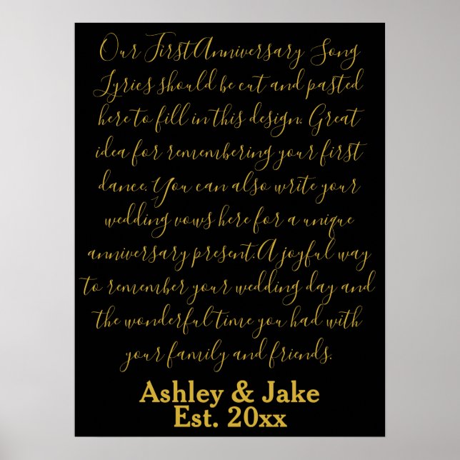 Förste Dance Sång Lyrics Årsdag Gift Newlyed Poster (Framsidan)