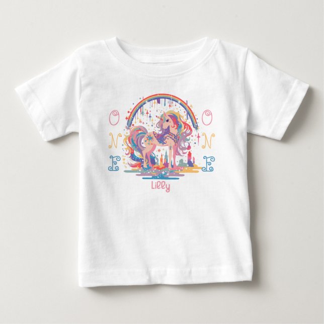 Förste Födelsedagsfesten Magic Unicorn Rainbow T Shirt (Framsida)