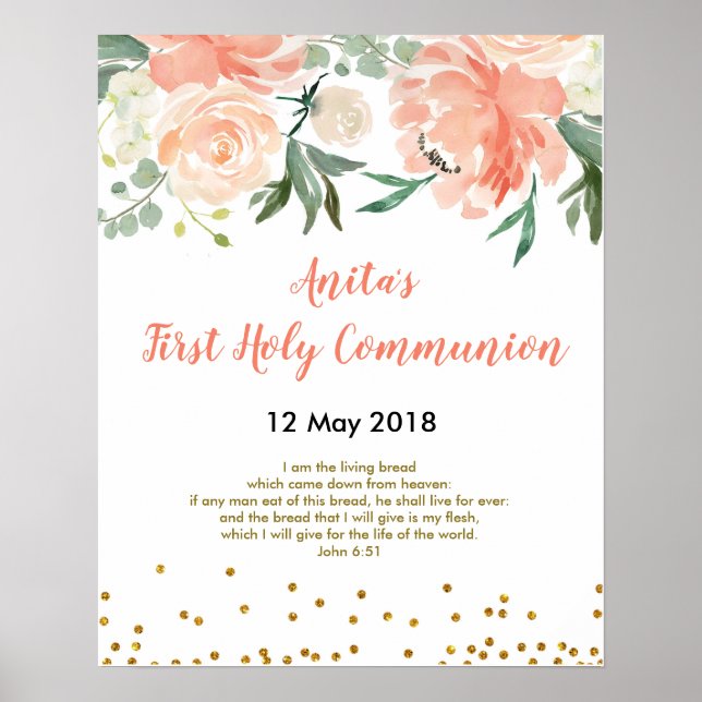 Förste Heligan Communion Christening Peach Party S Poster (Framsidan)