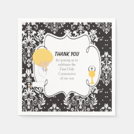 Förste kommunion Blonde Boy Black Damask Pappersservett