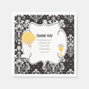 Förste kommunion Blonde Boy Black Damask Pappersservett