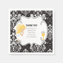 Förste kommunion Blonde Girl Black Damask Pappersservett