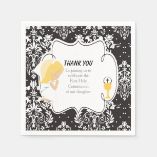 Förste kommunion Blonde Girl Black Damask Pappersservett