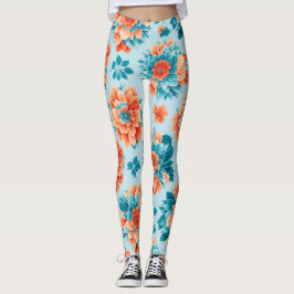 Förstora Blommigten Blått och Orange: Fintvätt Leggings