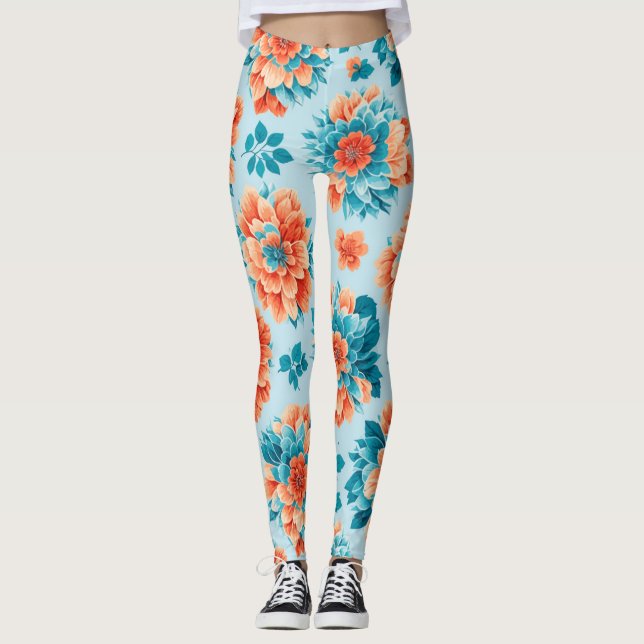 Förstora Blommigten Blått och Orange: Fintvätt Leggings (Framsida)