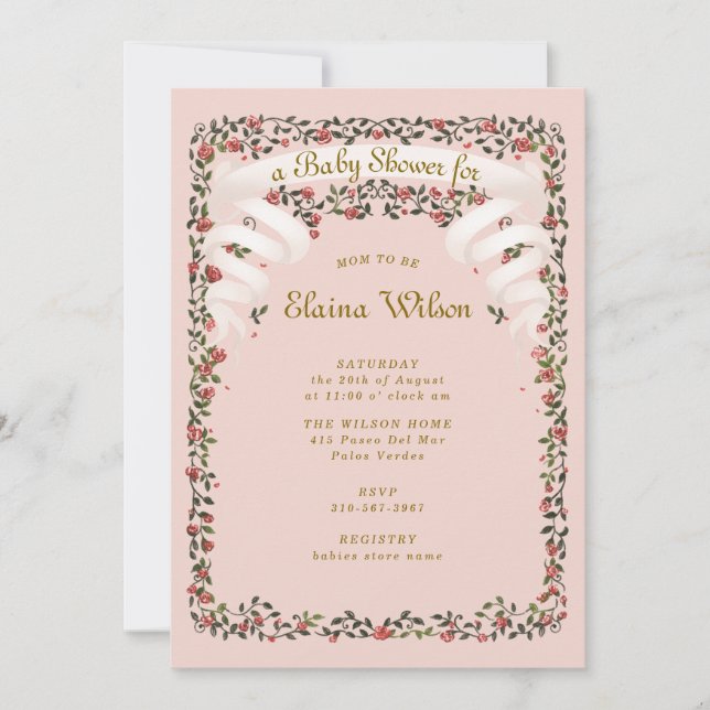 Förstora Rosett band och Ro Rosa Baby Shower Inbjudningar (Framsida)