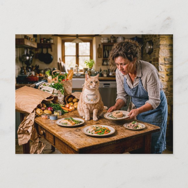 Förstörd katt gourmetbuffé vykort (Framsida)
