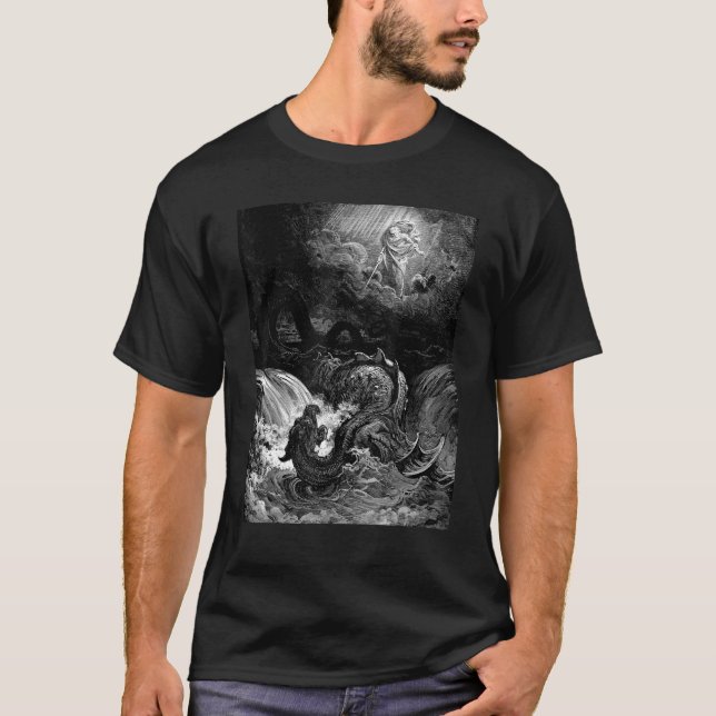 Förstörelsen av Leviathan Gustave Dore Biblical T Shirt (Framsida)