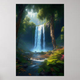 Förstoringen av ett vackert skogsvattenfall poster
