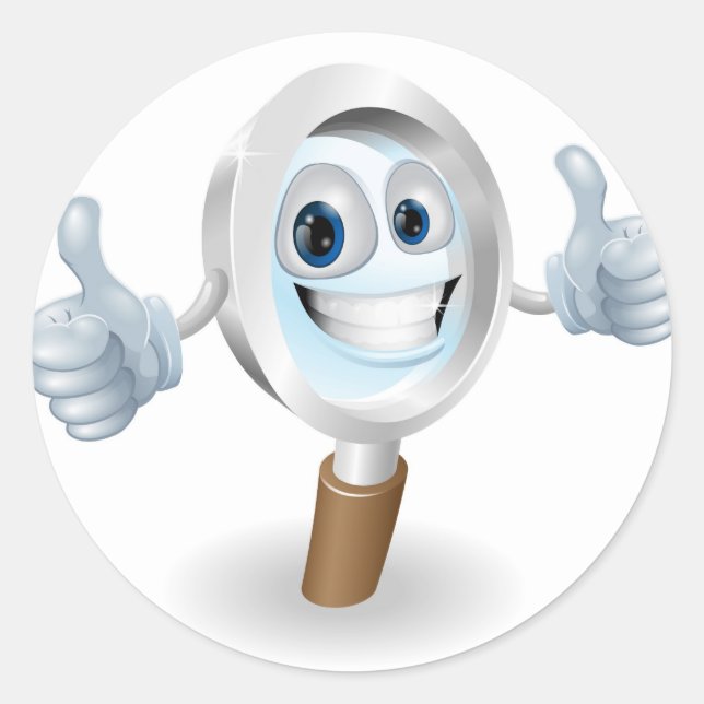 Förstoringsglas tecknade figurer runt klistermärke (Framsida)