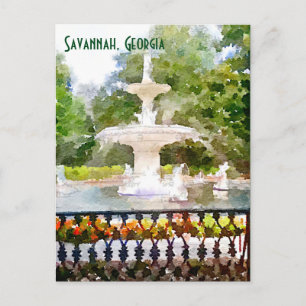Forsyth Fountain i Savannah GA Akvarelltryck Vykort