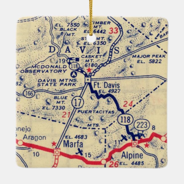 Fort Davis TX Vintage Karta Julgransprydnad Keramik (Baksida)