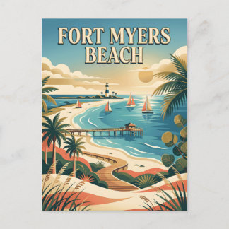 Fort Myers Beach Florida Gulf Coast Vintage Affisc Vykort