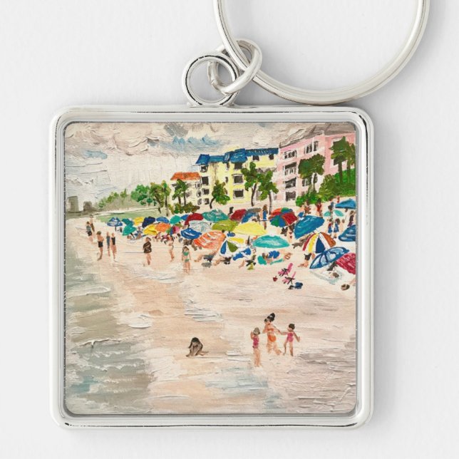 "Fort Myers Beach" Florida Painting Keychain Fyrkantig Silverfärgad Nyckelring (Framsidan)