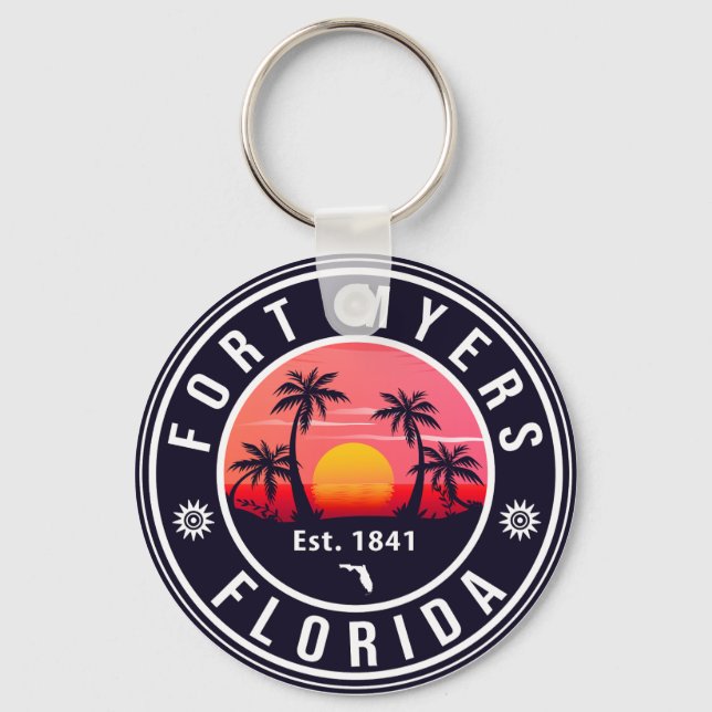 Fort Myers Beach Florida Retro Sunset Souvenirs Nyckelring (Framsida)