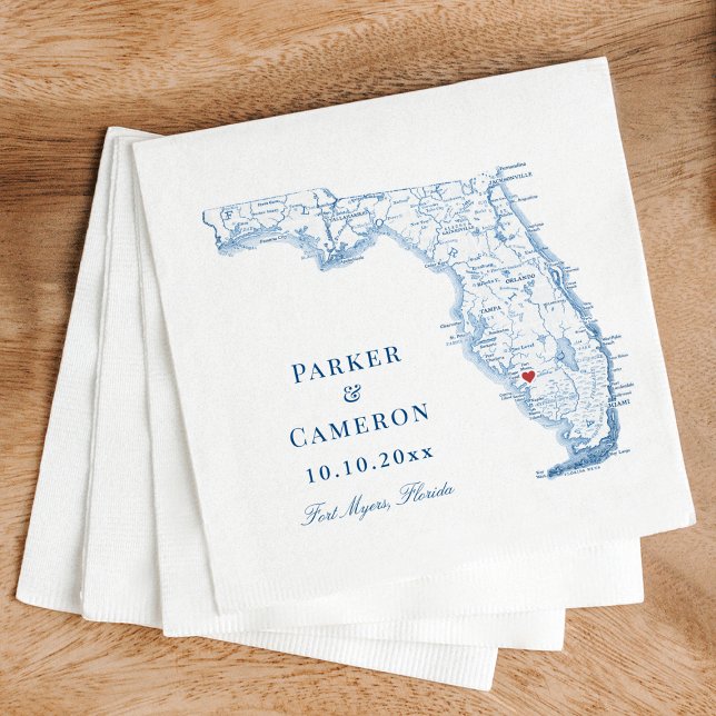 Fort Myers Florida Karta Elegant Navy Blue Bröllop Pappersservett (Fort Myers FL Map Wedding Napkins in elegant navy blue from Coastal Map Designs)