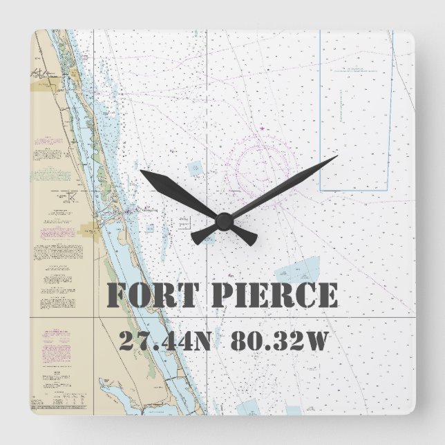 Fort Pierce FL Latitude & Longitud Nautical Chart Fyrkantig Klocka (Framsida)