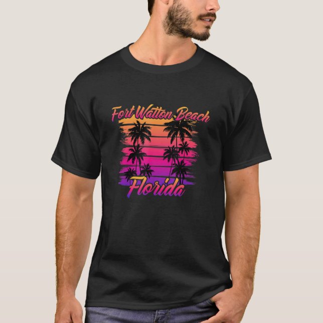 Fort Walton Beach Florida Retro 80-talet Handflata T Shirt (Framsida)