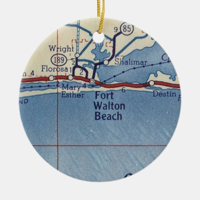 Fort Walton Beach Vintage Karta Julgransprydnad Keramik (Framsidan)