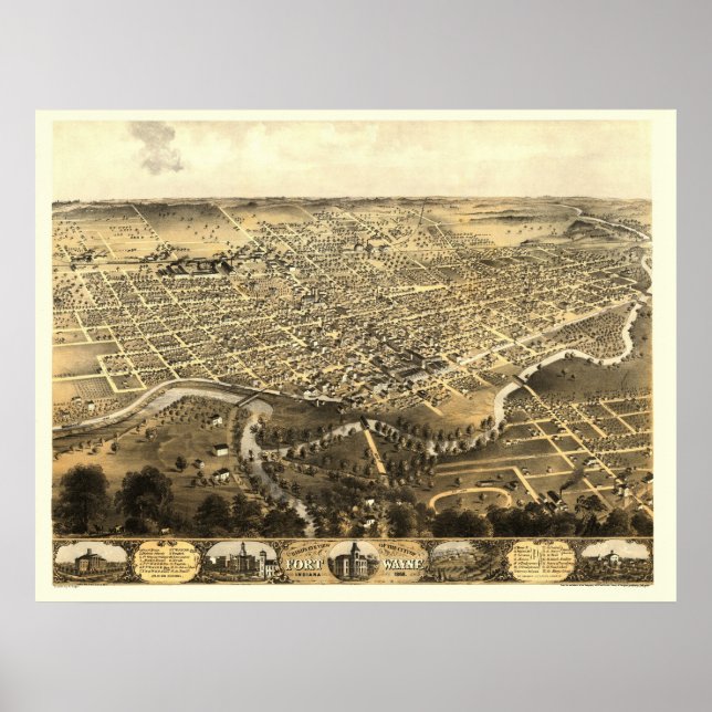 Fort Wayne, IN Panoramic Karta - 1868 Poster (Framsidan)