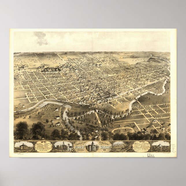 Fort Wayne Indiana 1868 Antique Panoramic Karta Poster (Framsidan)