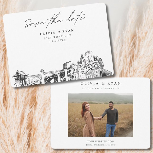Fort Worth Bröllop Skyline Spara datum Inbjudningar (Fort Worth Texas Wedding Save the Date
)
