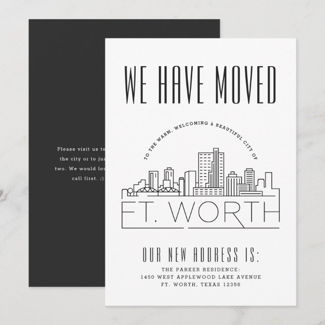 Fort Worth Flytta Announcement | Stylized Skyline Inbjudningar (Fram/baksida)