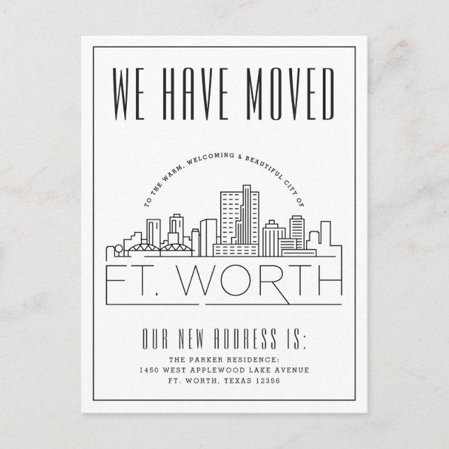 Fort Worth Flytta Announcement | Stylized Skyline Vykort (Framsida)