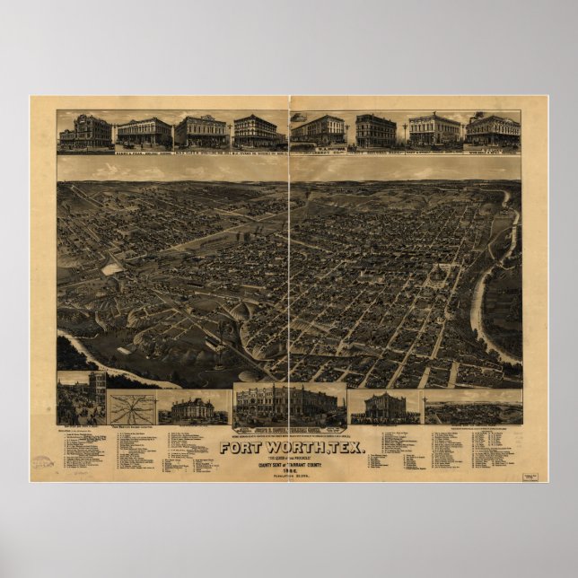 Fort Worth Texas 1886 Antique Panoramic Karta Poster (Framsidan)