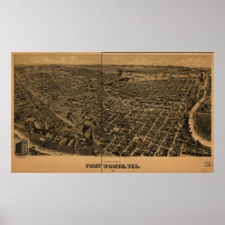 Fort Worth Texas 1891 Antique Panoramic Karta Poster