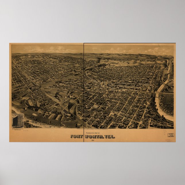 Fort Worth Texas 1891 Antique Panoramic Karta Poster (Framsidan)