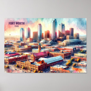 Fort Worth Texas Berömd Travel Ställe, vattenfärg Poster