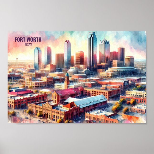 Fort Worth Texas Berömd Travel Ställe, vattenfärg Poster (Framsidan)