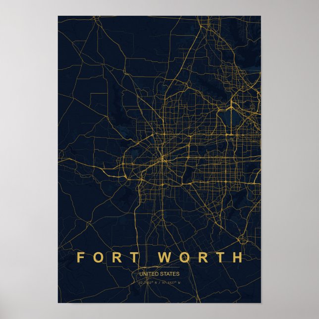 Fort Worth Texas Stiliserad Karttryck Poster (Framsidan)