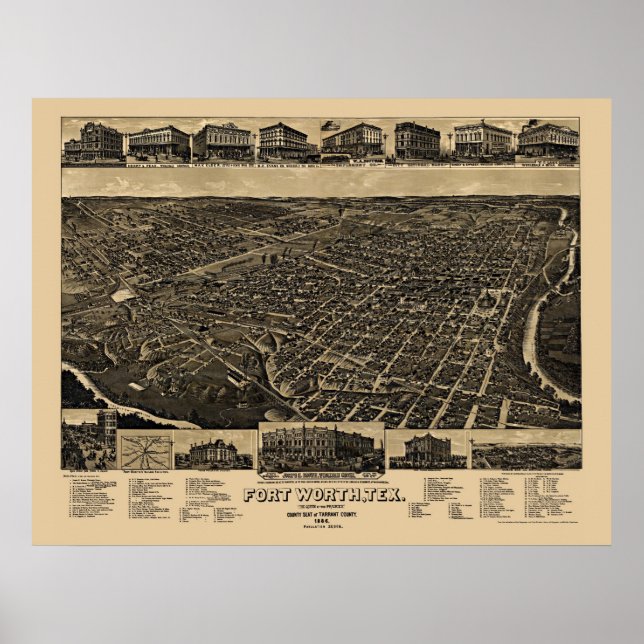 Fort Worth, TX Panoramic Karta - 1886 Poster (Framsidan)