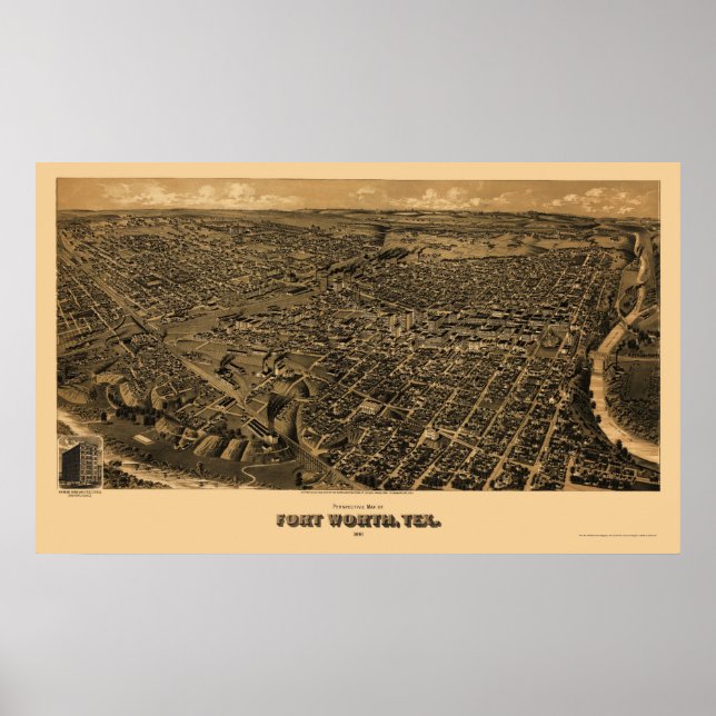 Fort Worth, TX Panoramic Karta - 1891 Poster (Framsidan)