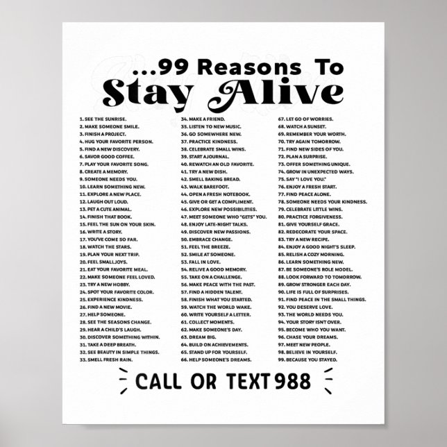 Förteckning över 99 skäl att stanna kvar - Psykisk Poster (Framsidan)