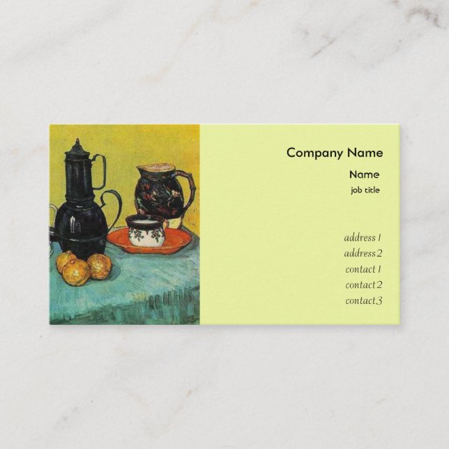 Fortfarande blått ekoffepot, jordklotet och visitkort (Framsida)